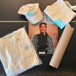 John Mulaney VIP swag. Includes: Poster, sweatshirt, Tote & Cap - with Teal Logo